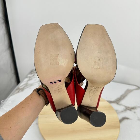 JIMMY CHOO Platform Sandal AIX 125 Red Leather Wood Heels Gold Patent Size 40 - Picture 10 of 12